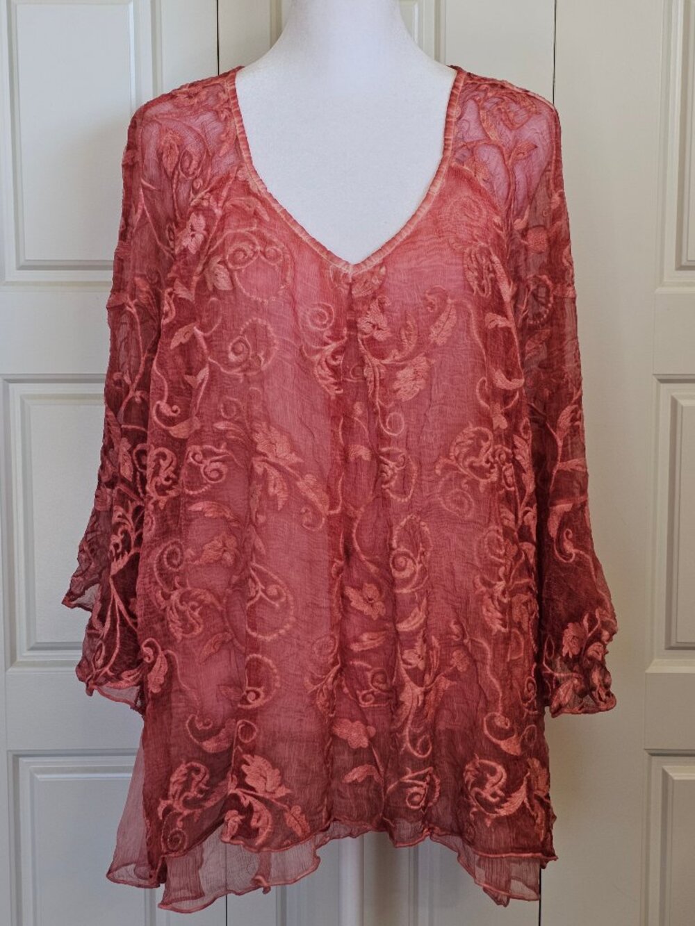 Embroidered Silk Sheer Tunic Blouse Gretty Zeuger L Bell Sleeve Coral Fairycore